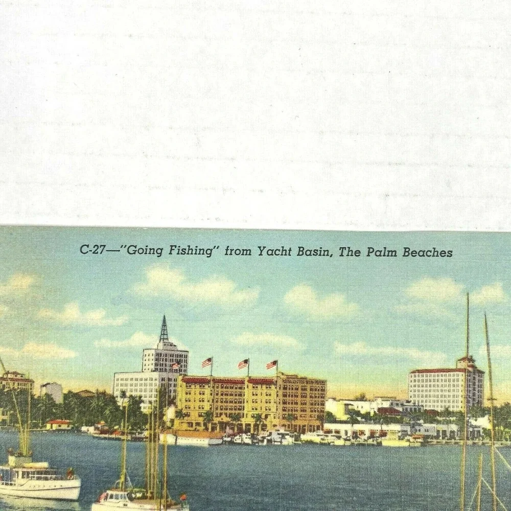 Vintage Postcard Going Fishing Yacht Basin West Palm Beach Curteich Florida USA‎
